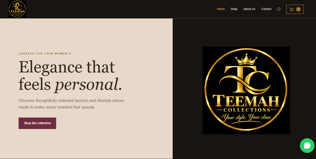 Screenshot of the Teemah's Collection website